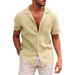 new Cotton Linen Blouse Summer Men Turn Down Collar Short Sleeve Button Loose Blouse Tops Oversized S-3XL