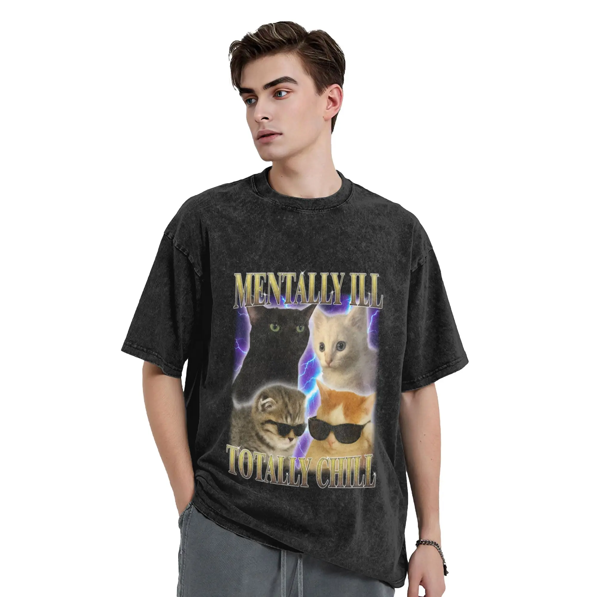 Mentally Ill totally Chill Funny Cat Unique Chic A Vintage Oversized Cotton Unisex T-Shirts