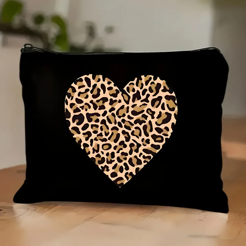 1pc Leopard Print Heart Makeup Toiletry Bag Lightweight Foldable Cosmetic Travel Pouch Zipper Closure White Makeup Organizer Bag