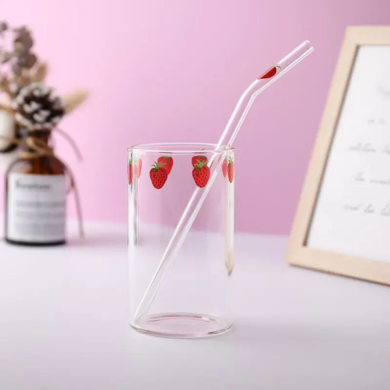 Ins Nana Strawberry Glasses Heat Resistant Coffee Milk Water Cups With Straws Clear Cute Juice Smoothie Cold Drinks Straw Cup