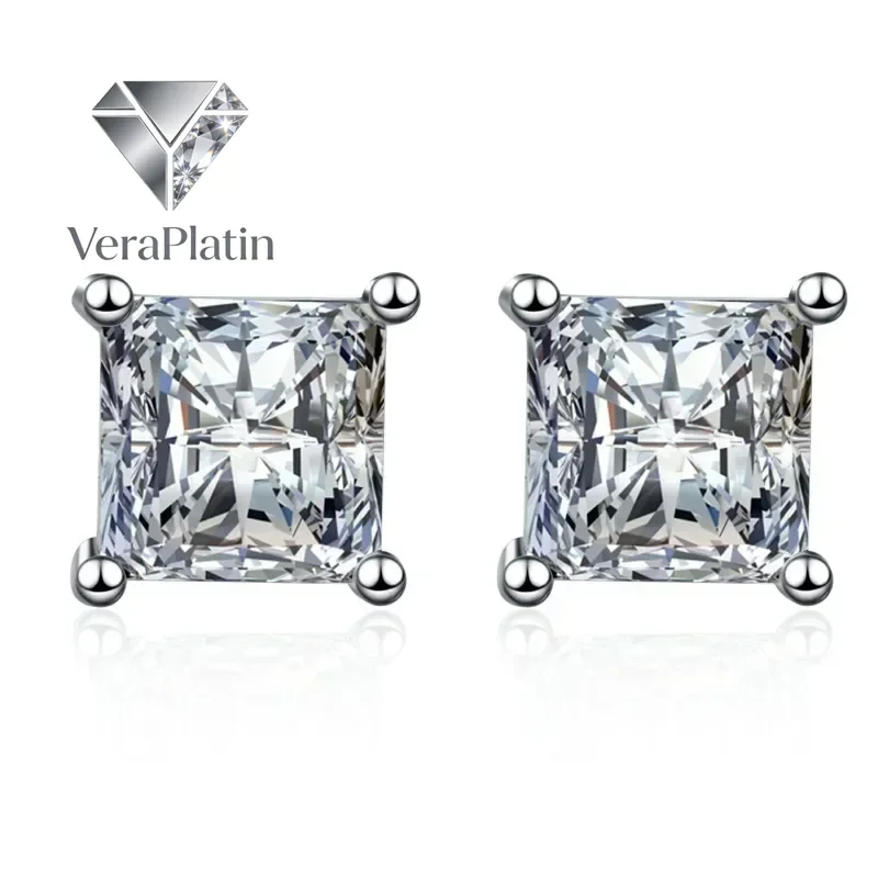 

VeraPlatin Women Wedding 18K White Gold Valentine's Day Stud Earrings 0.6/1/2CT Square Moissanite Diamond PT950 Platinum Girl Bi