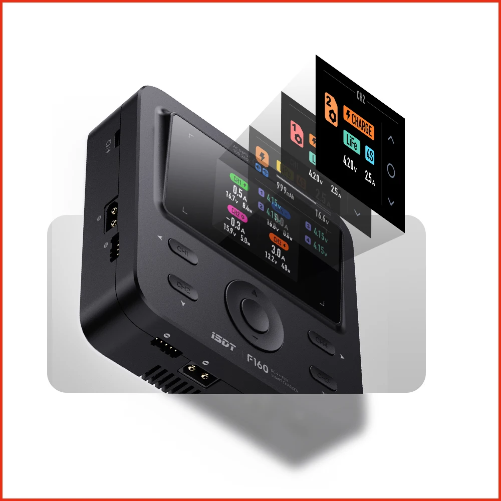

ISDT F160 4CH AC Quad Channel Smart Charger 2.4″ IPS LCD for RC 1~4S LiFe Li-Ion LiPo LiHv ULiHv 4~12S NiCd/MH 2~7S Pb Battery