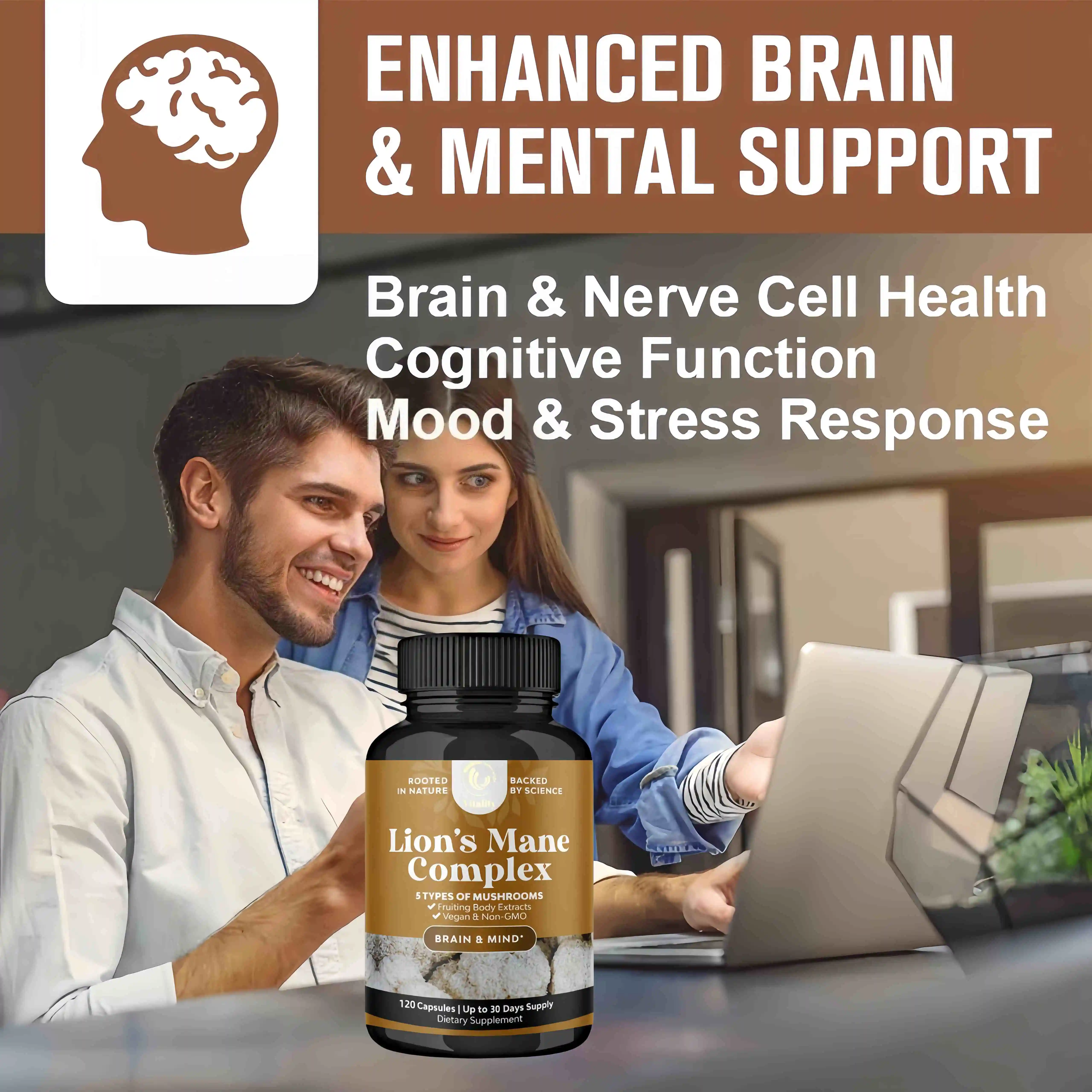 Mushroom Complex Capsules with Lions Mane Chaga Cognitive Brain Function Stress Relieves Beauty Health Diet Supplement