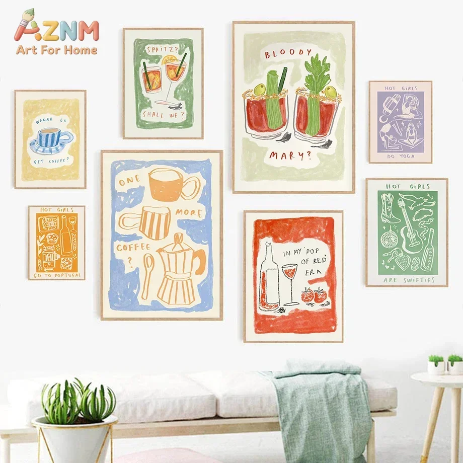 AZNM Retro Red Wine Bottle Tomato Line Canvas Wall Art Hand Drawn Text Print Unframed Canvas Painting For Kitchen Bar Dining Roo