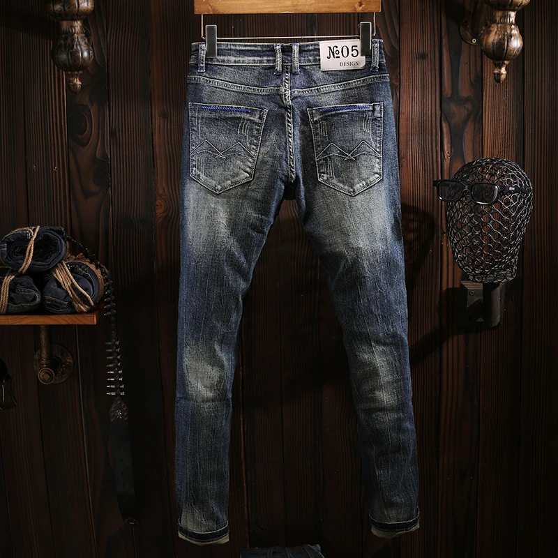 Italian Style Fashion Men Jeans Retro Blue Elastic Slim Ripped Jeans Men Straight Trousers Vintage Designer Denim Pants Hombre