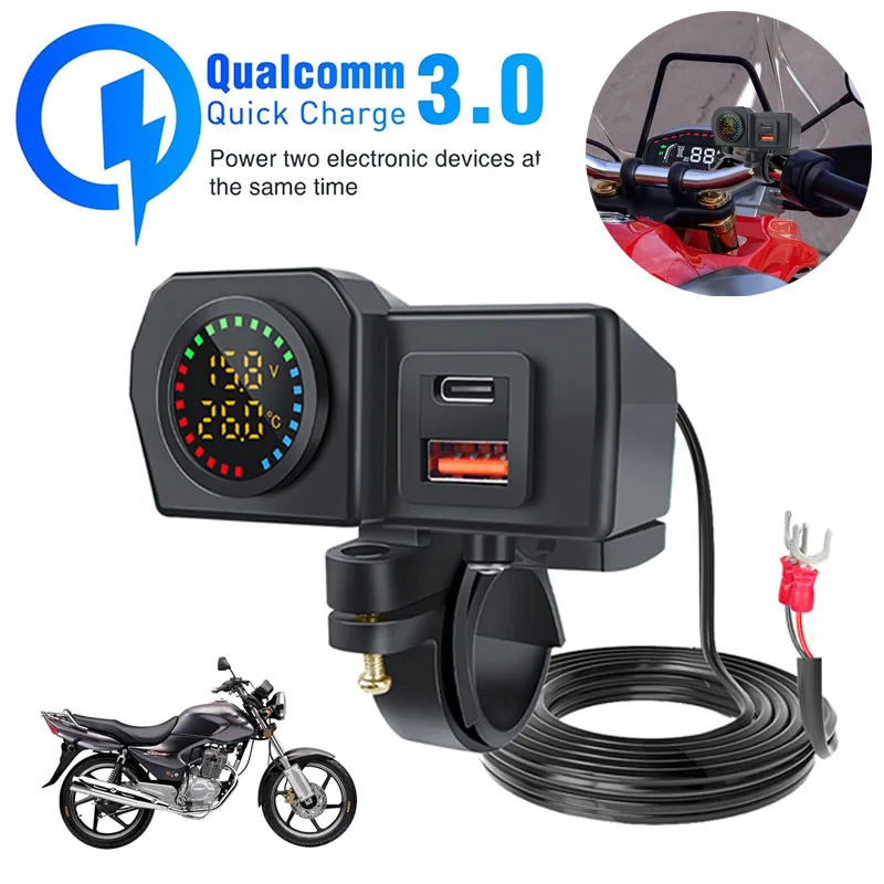 

60W Dual USB Socket Motorcycle Handlebar & Rear Mirror Waterproof Fast Charger Phone Power Adapter Digital Voltmeter Thermometer