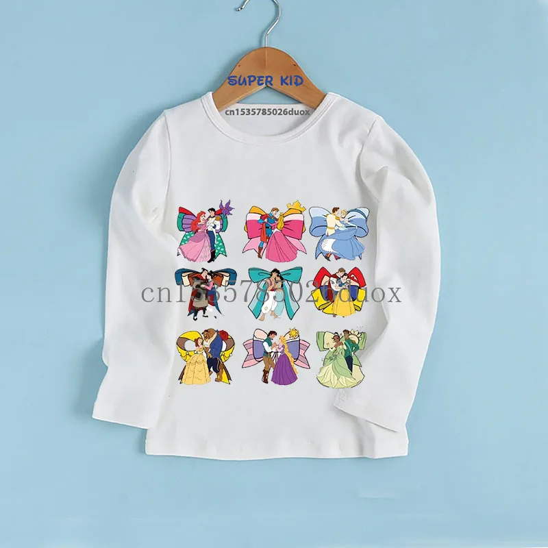 خريف 2025 ديزني المائية الأميرة فتاة طويلة الأكمام تي شيرت سندريلا إلسا حسناء ارييل أورورا Kawaii فتاة قاع الملابس #4