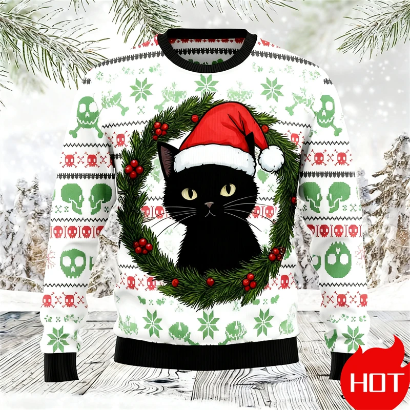 

Black Cat Graphic Ugly Christmas Sweater Men Women Holiday Sweatshirt Pullover Xmas Santa Hot Sale Top Crewneck Long Sleeve