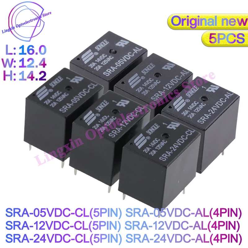 5Pcs SRA-05VDC 12VDC 24VDC -AL -CL SRA-12VDC-CL SRA-24VDC-AL 4Pin 5Pin 20A Power Relay PCB Type In stock Black Automobile Relays