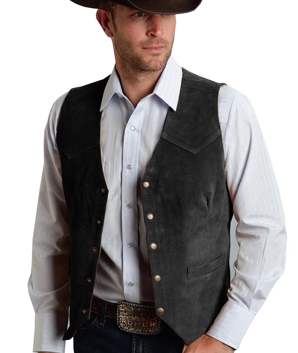 Men Vest Black Suede Leather Gentleman Business Waistcoat Vintage Western Cowboy Regular Slim Business Banquet Men Suit Vest