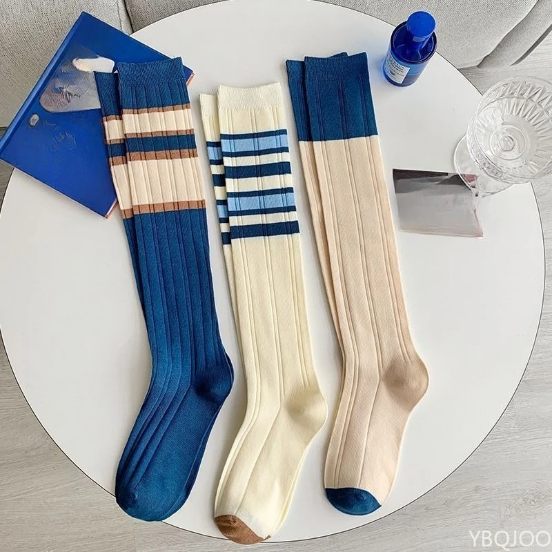 3 أزواج من الجوارب الزرقاء غير الرسمية المريحة للنساء لربيع وخريف، جوارب طويلة عصرية متعددة الاستخدامات حتى الركبة