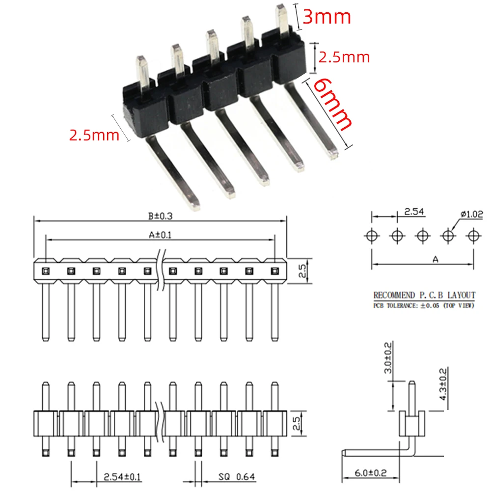 20pcs 2.54mm Pitch 1x2/3/4/5/6/7/8/10/20/40 Pin Single Row Right Angle Male Pin Header Connector Socket 3P/4P/6P/8P/20P/40P Pin