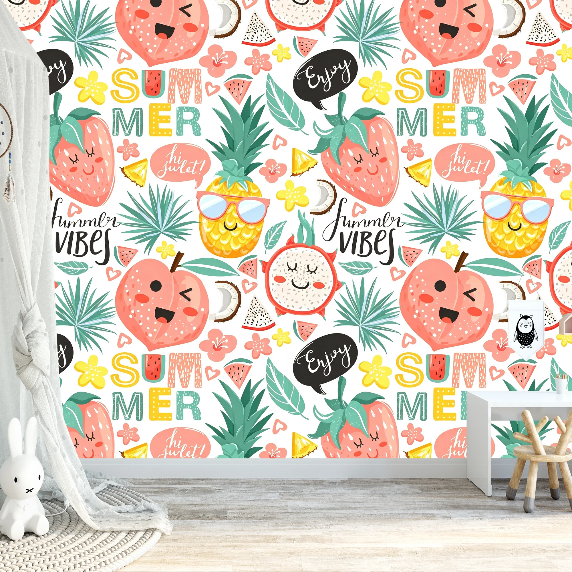 Milofi Custom Mural Wallpaper Cute Summer Fruit Pineapple Strawberry Seamless Pattern Kids Nursery Bedroom Wall Decor Papel De P