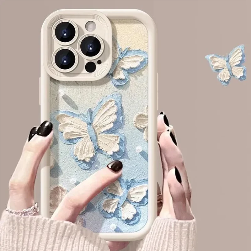 Simple Oil Painting Butterfly INS Blue Pink Phone Case For iPhone 16 15 14 13 12 11 Pro Max XR XS MAX 7 8 PLUS MINI Y2K Cover ﻿