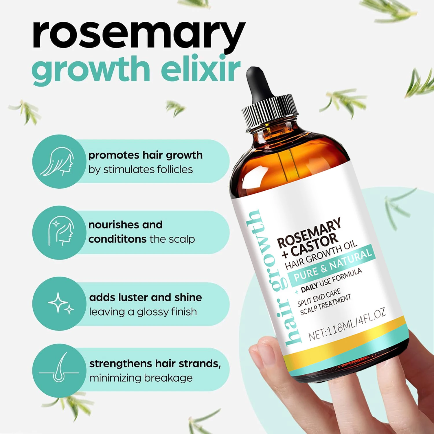 Rosemary Castor Hair Oil - Scalp Care & Split End Repair,Coconut Olive Oil Lightweight Blend, Winter Therapy Massager Brush Tool