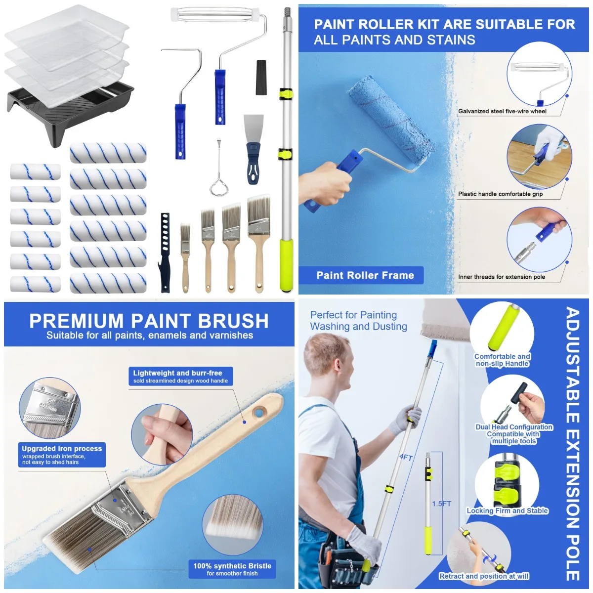 

Набор малярных валиков, 27 шт., ролики 4 и 9 футов, удлинитель, кисти, нескользящий лоток для латексных и масляных красок