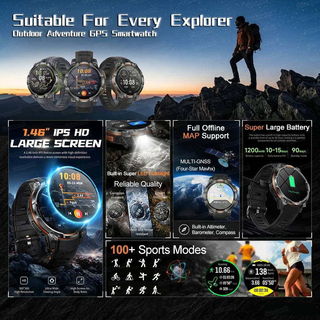 2026New GPS Offline Map 1200mAh Battery Smart Watch Built in GPS Compass Altimeter AI-GPT 5ATM Waterproof Men Sports Smartwatch