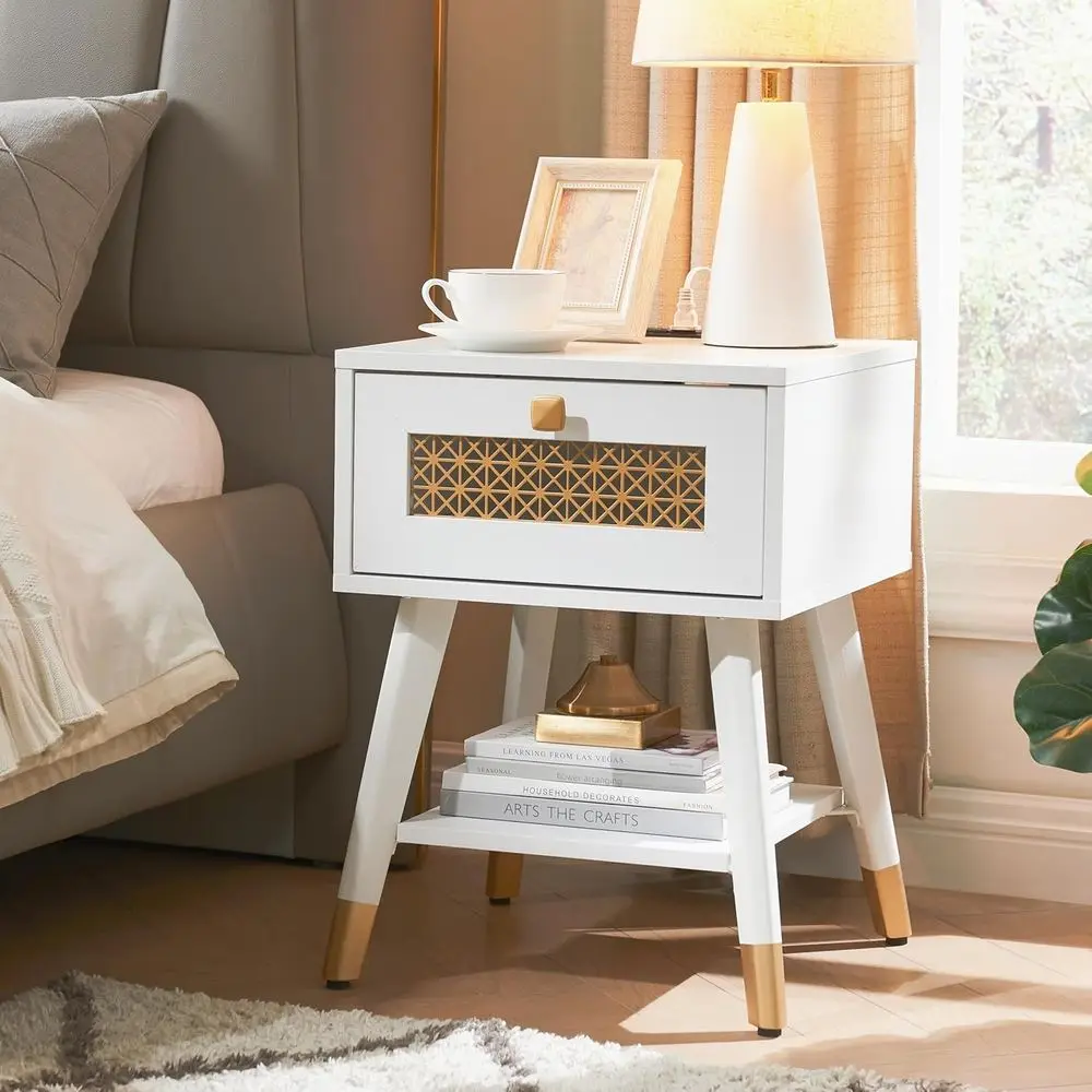 

ern Style Side Table, End Table with Der and Shel or Living Room, Square Wooden Small Nightstand, White
