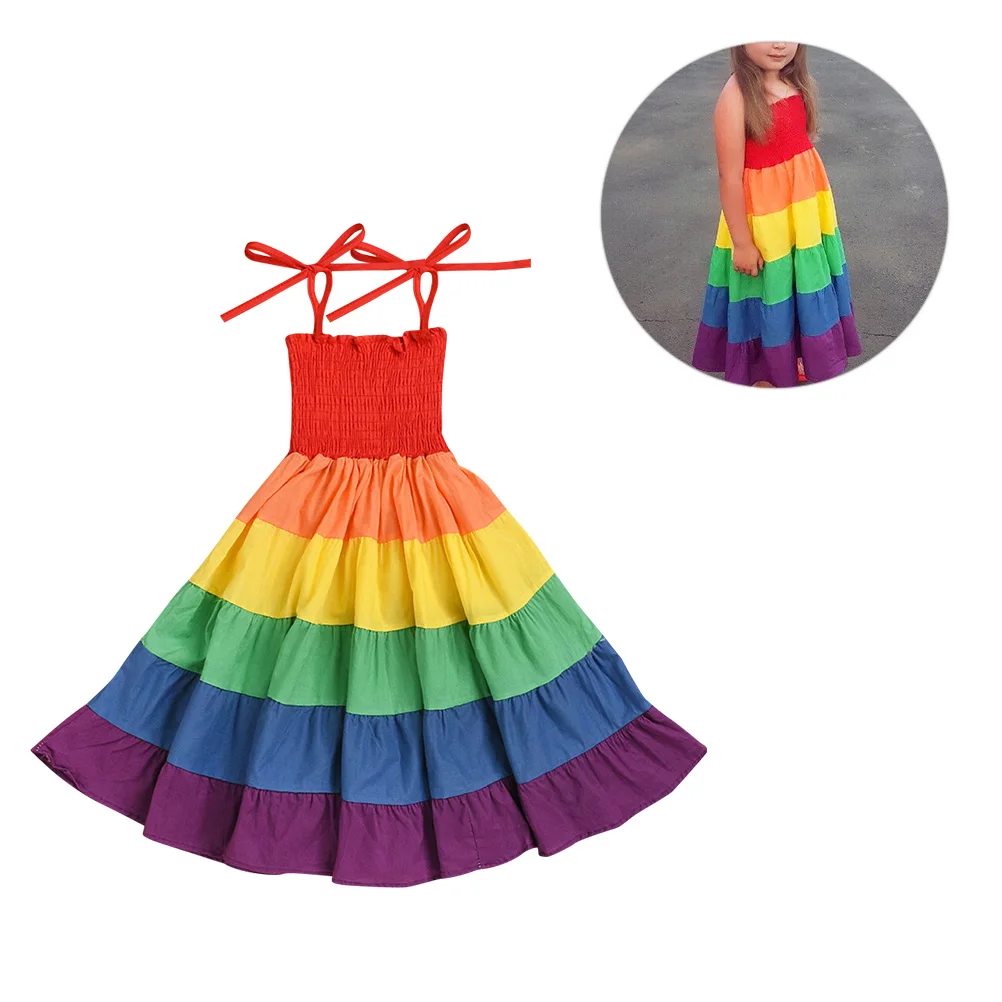 

Rainbow One-piece Skirt Girls Tutu Sleeveless Beach Party Performance Costume Colorblock Skirts Kids Adorable Stylish