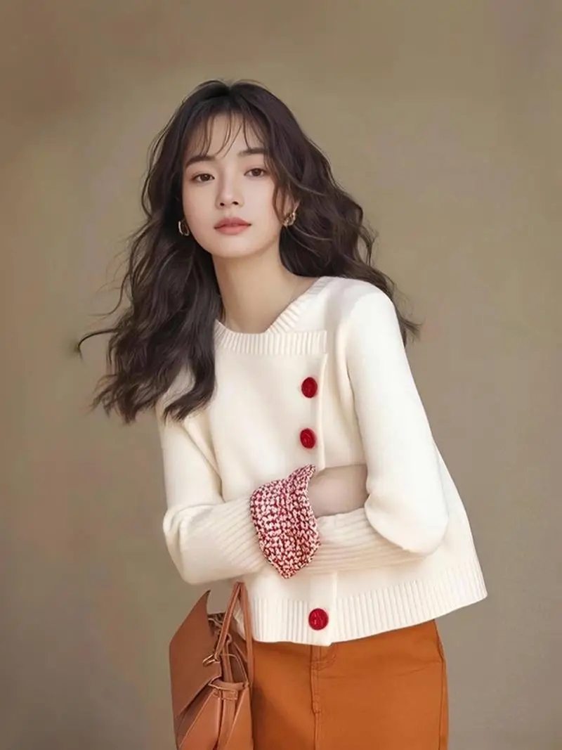 Korean Fashion High Sense White Short Knitted Cardigan Sweater Winter 2025 Street Casual Office Sweater Women Jacket Y2k Tops