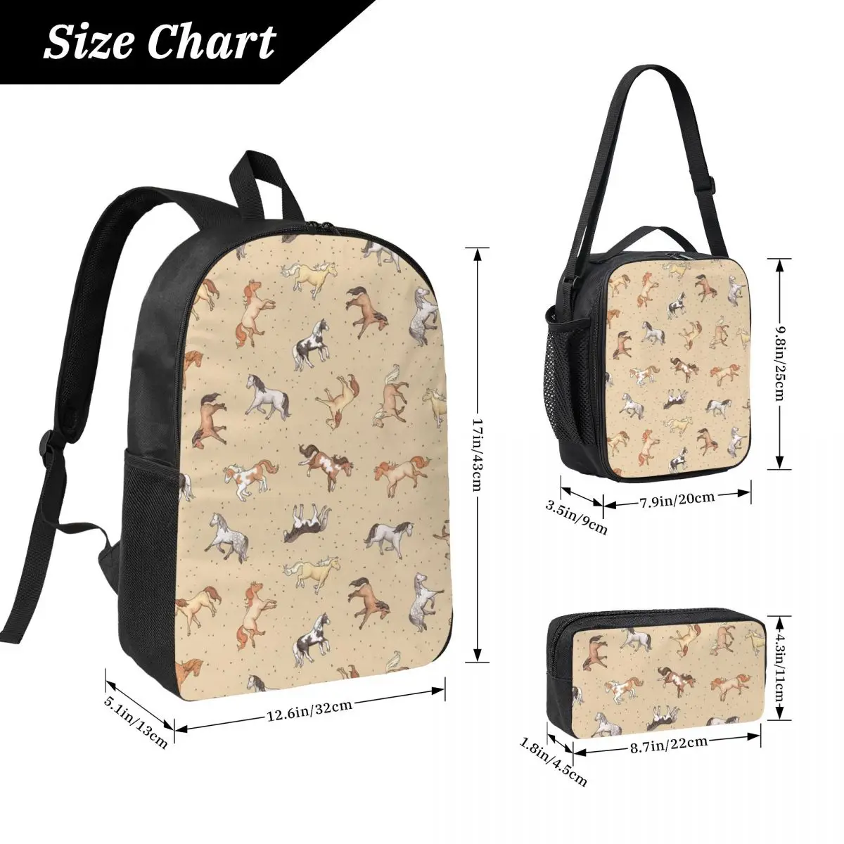 الخيول المتناثرة متقطع على ظهره رمادي داكن بنين بنات BookBag حقيبة مدرسية كمبيوتر محمول حقائب كتف 3ps معزول حقيبة الغداء مقلمة