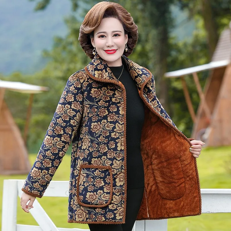 Women Plus Velvet Thicken Parker Coat Fashion Printi Mother Wear Warm Quilted Jacket New Elegant Winter Jacket Outewear Female