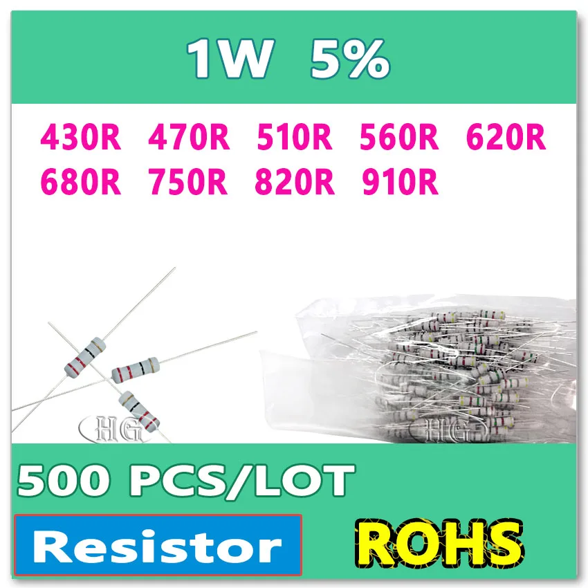 JASNPROSMA 500PCS/LOT 5% 1W 430R 470R 510R 560R 620R 680R 750R 820R 910R carbon film DIP OHM Resistor