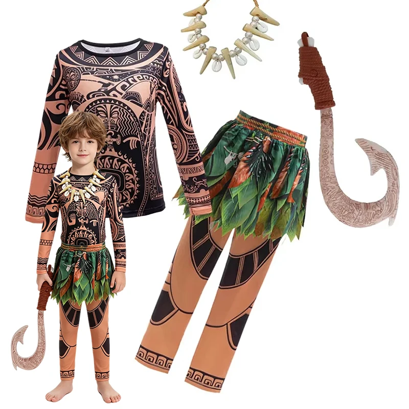 Boys Island Tribal Warrior 3D Totem Print Top Trousers Set Halloween Carnival Kids Cosplay Party Outfit