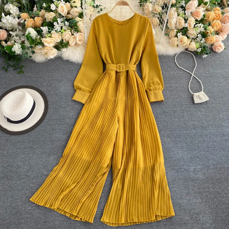 

Autumn and Winter Fashion Solid Color Temperament Round Neck Long-sleeved Jumpsuit Women's Waist-tie Pleated Wide-leg Trousers