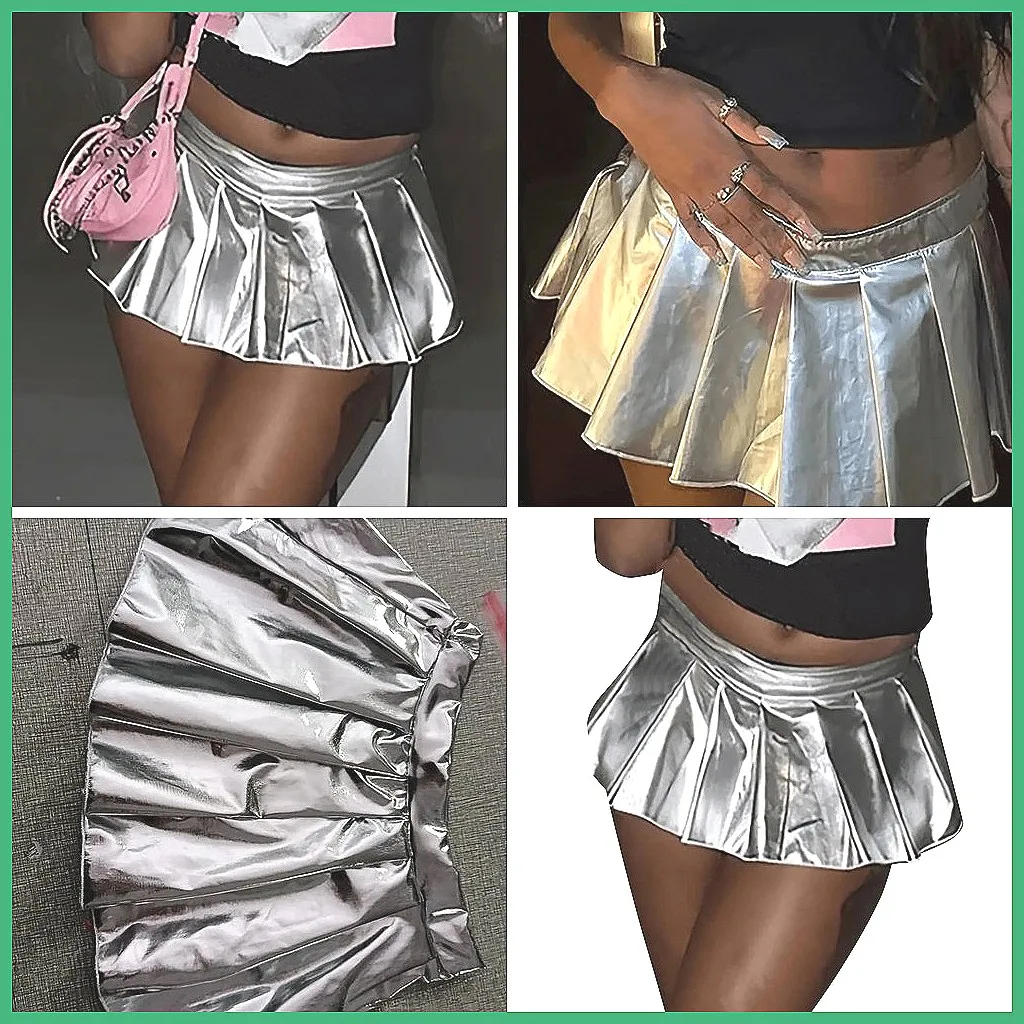 

Silver Metallic Mini Skirt for Women, Y2K Low Waist Pleated Leather Skirt, Sexy Clubwear with Ruffles
