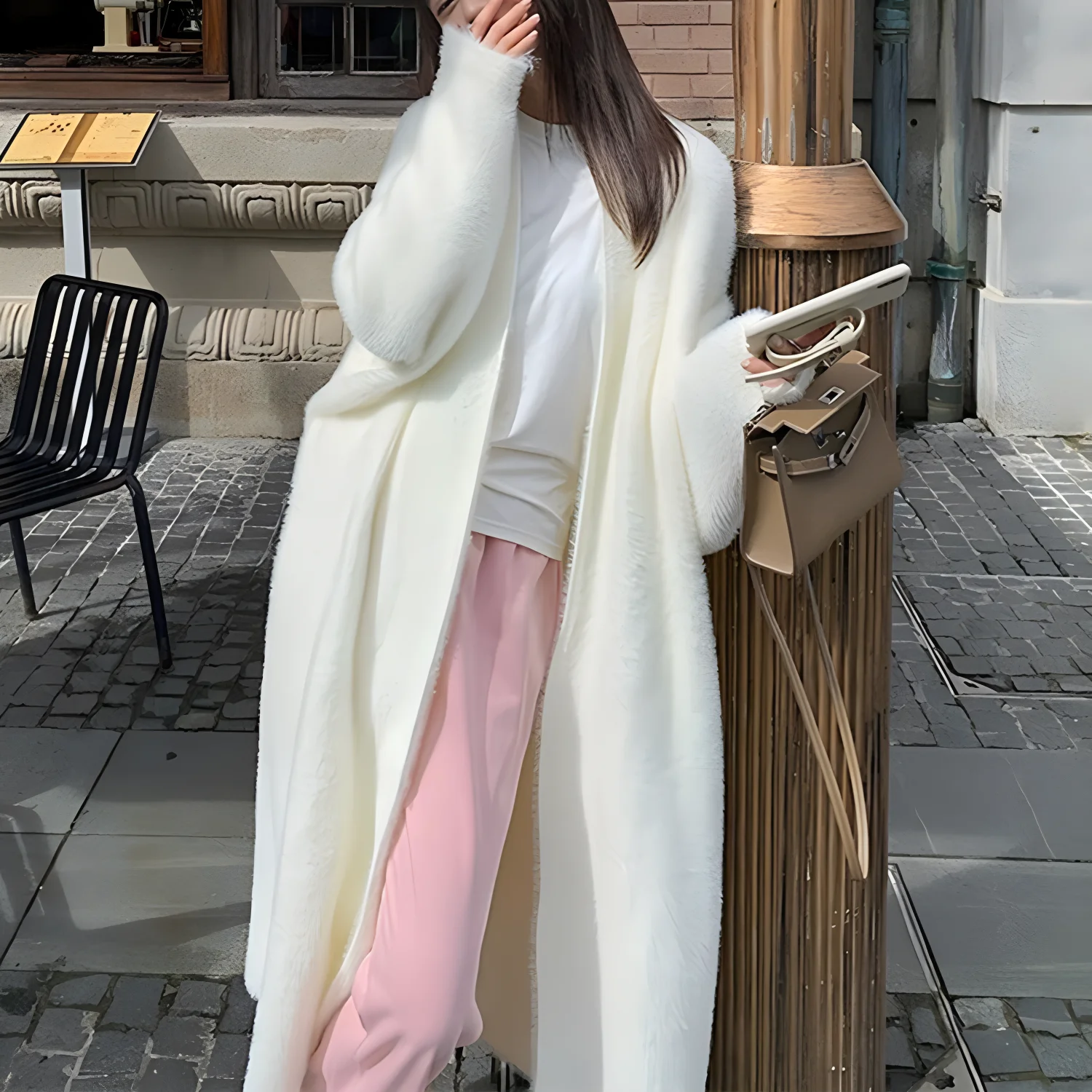 Women\'s autumn and winter imitation mink cashmere long over the knee sweater cardigan Korean style loose thick knit coat