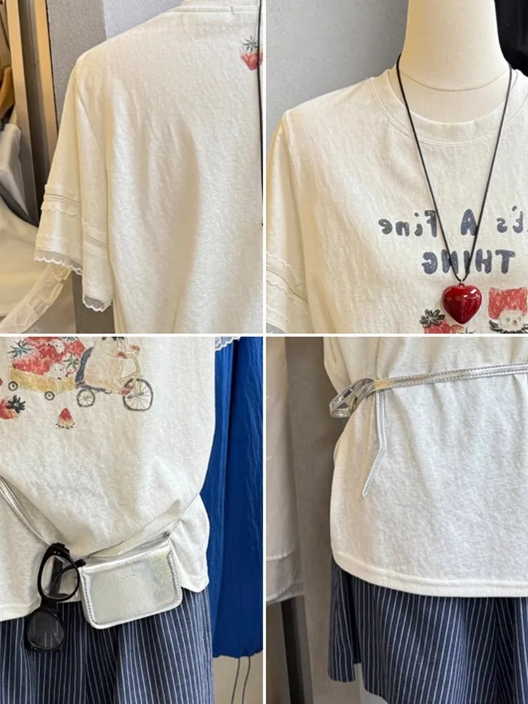 Sweet Japanese Sle ort Sve T-irt Men Women Summer Lace Splicing Slimming Versatile Top Casual Loose Fit round Ne