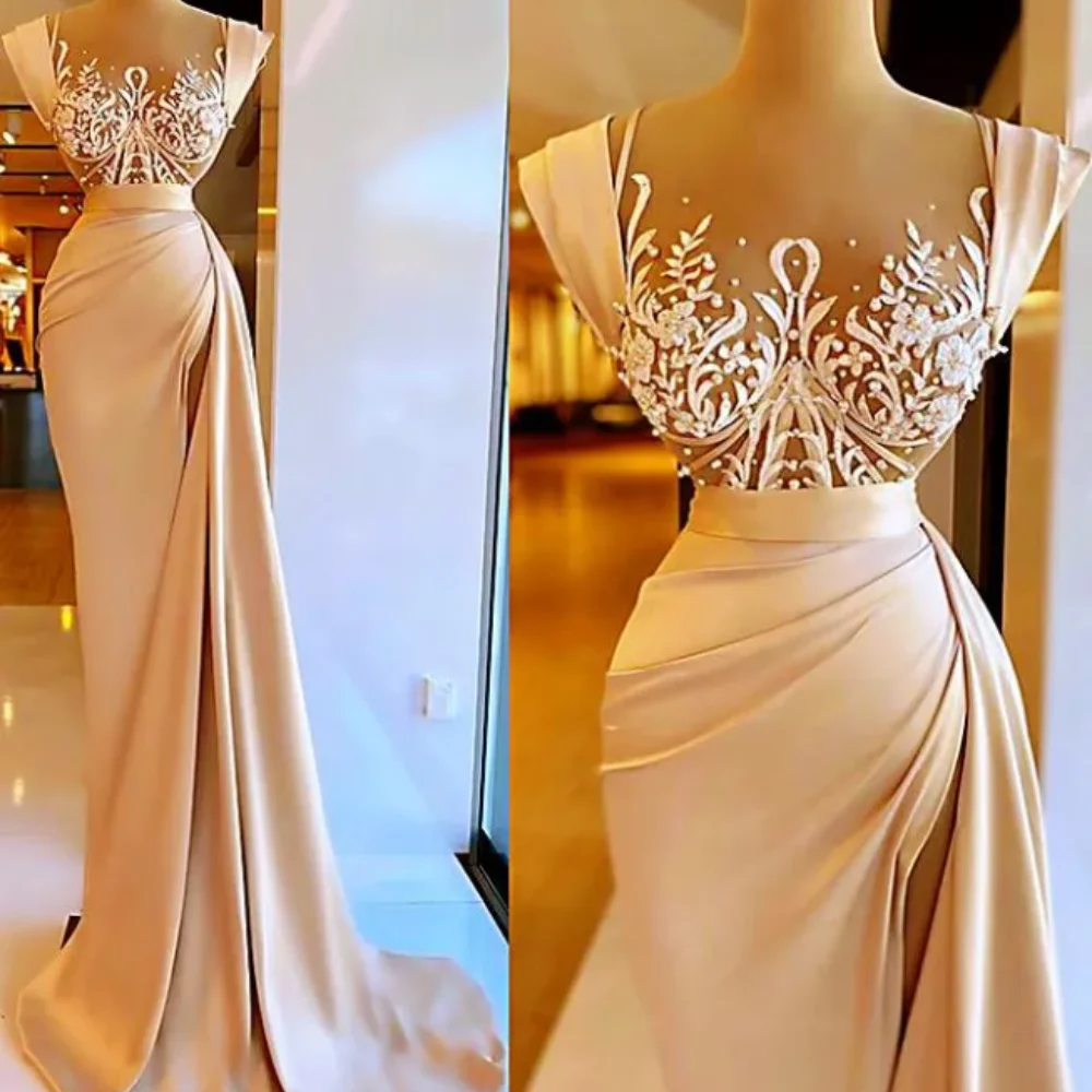 

Elegant Real Image Champagne Lace Satin Mermaid Formal Evening Dresses Overskirt Train Plus Size Prom Party Gowns Women Customed
