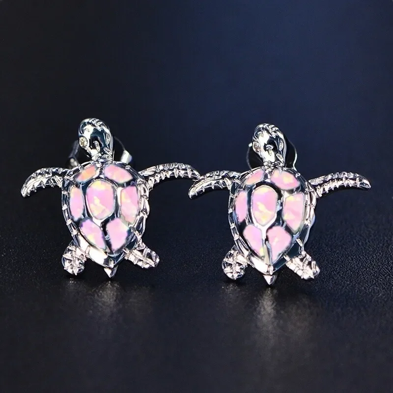 Sea Turtle Pink Simulated Opal Dangle Stud Earrings Glass Drop Earrings Drop Earrings