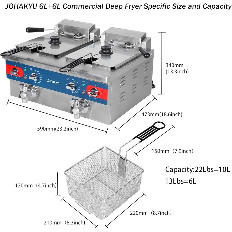 26Lbs Commercial Deep Fryer, Electric Deep Fryer with Timer, Drain, Swung Up Fryer Head, 120v 3600w Electric Countertop Fryer