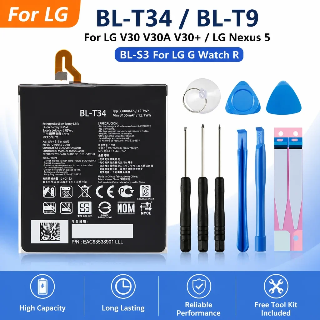 Replacement Battery for LG V30 V30A V30+ Nexus 5 G Watch R W110 W150 BL-T9 BL-T34 BL-S3 Phone Battery