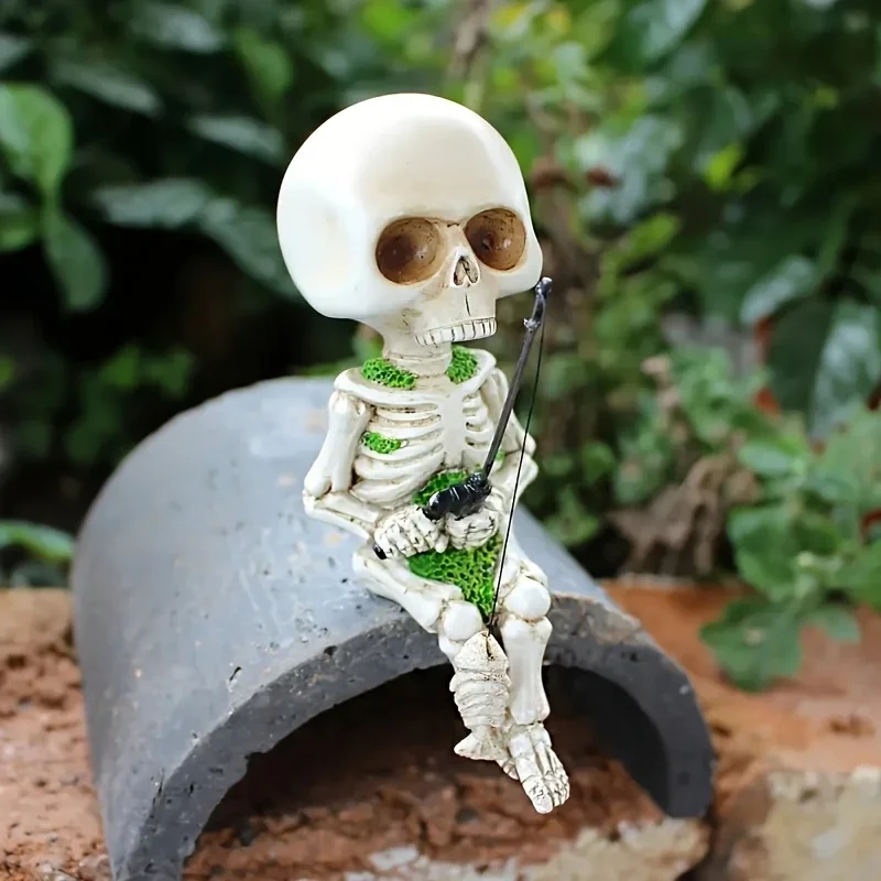 Creative Skeleton Fishing Series Ornaments Fun Home Desktop Decoration Black Witch Fishing Resin Jewelry Gifts