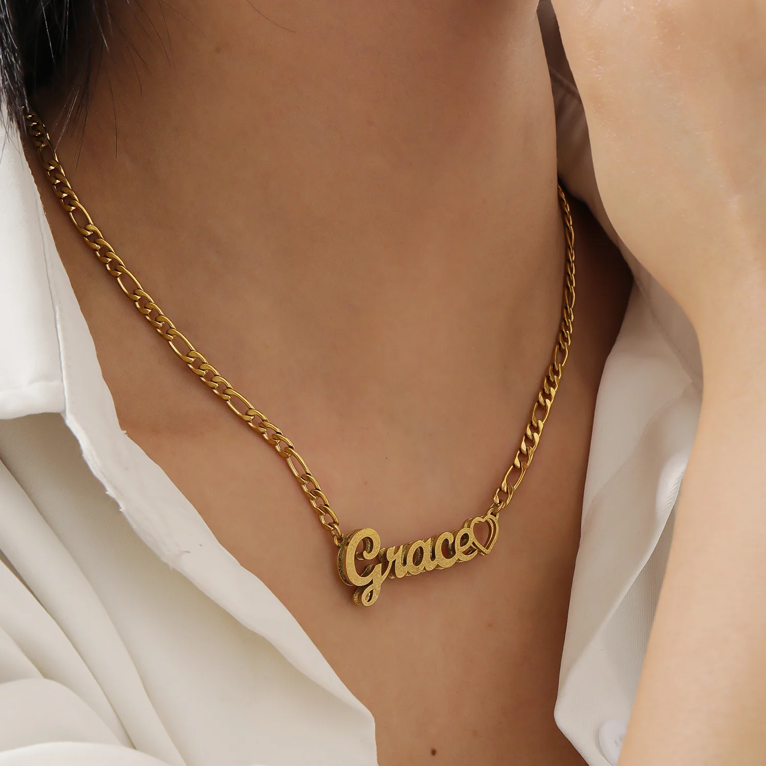 

Double Layer Sandblasted Name Necklace Cut Name with Heart Element 18K Gold Plated Stainless Steel Custom Name Jewelry for Gift