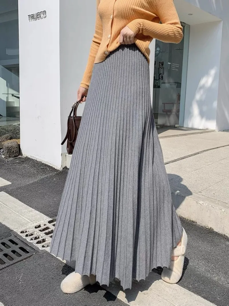 

Knitted Skirt Women Autumn Winter Elastic Waist Long Wool Korean Style Faldas De Mujer Elegantes Largas Grey Rib Clothes Jupe