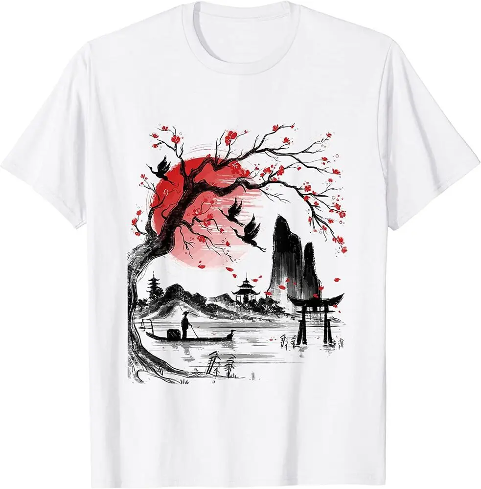 Japanese Tree Red Moon With Birds Flying in Background T-Shirt  Summer Tees Cotton Luxury brand vintage oversized