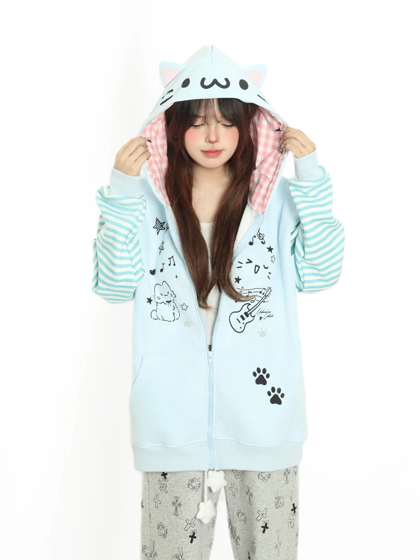 Japanese Style Original Cute Cat Striped Patchwork Hooded Jacket for Women Loose College Style Cardigan Sweatshirt