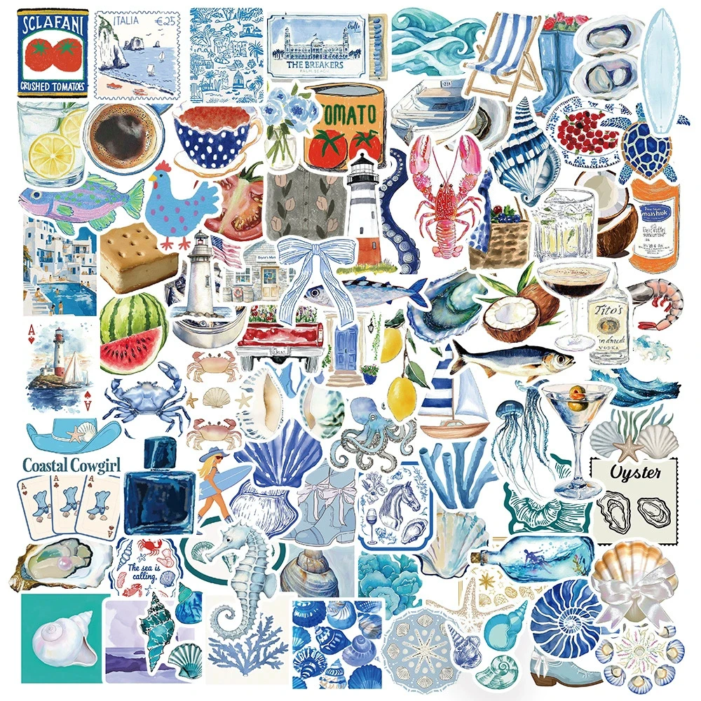 

10/30/50/100pcs Cartoon Blue Sea Coast Aesthetic Stickers Cute Ocean Animals Graffiti Decals for Laptop Water Bottle Phone Case