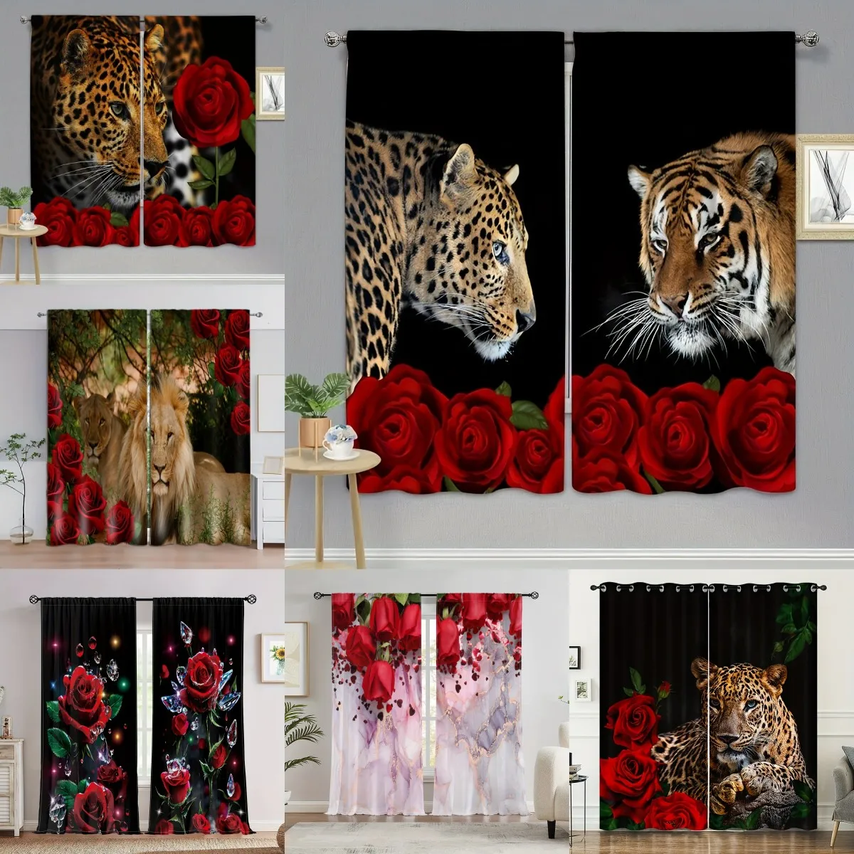 

2panels Romantic Red Floral Printed Leopard Rose Curtains Safari Wild Animal Window Drapes Half Blackout Curtains For Bedroom