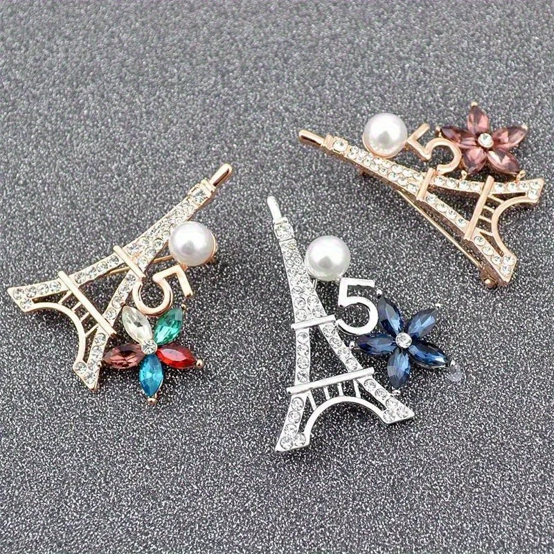 Korean Wedding Luxury Eeiffel Tower brooch Letter 5 Flower Tower Rhinestone Pearl Party Woman Gift Brooches