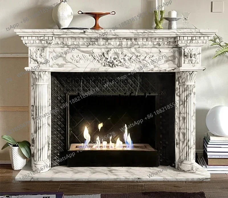 

B7304 Natural marble fireplace French simple decorative cabinet treasure stone carving large white stone fireplace sculpture