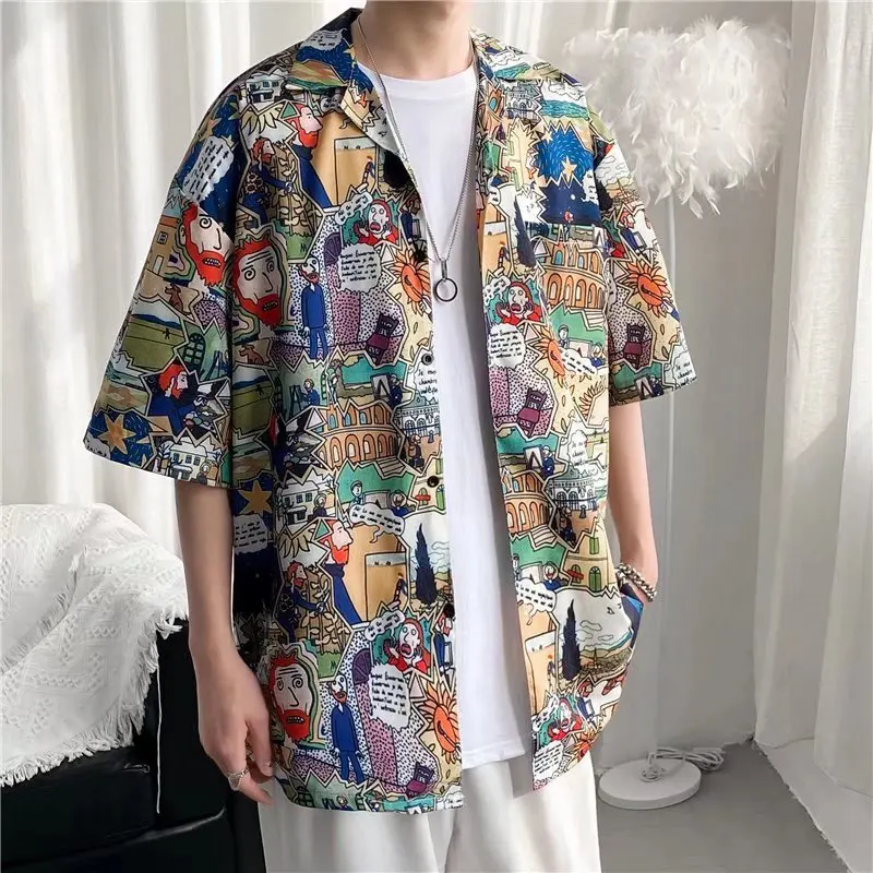 Japan Anime Cartoon Printed Vintage Cargo Shirt Summer New Men Hawaiian Short Sleeve Casual Mens Women Couple Shirts Oversized