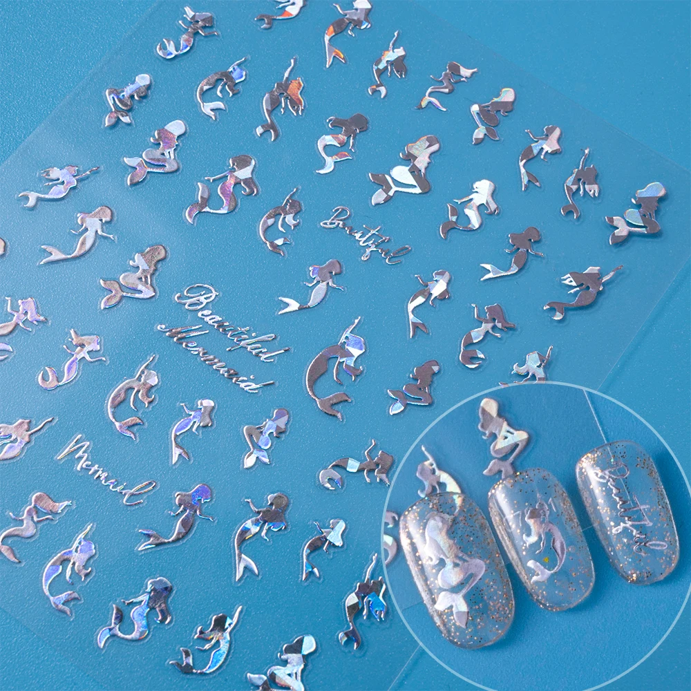 1 Sheet Shinning Laser Mermaid Nail Sticker 3D Bronzing Self-Adhesive Sliders Nail Decoration Manicure DIY Decals Sticker 10X8cm