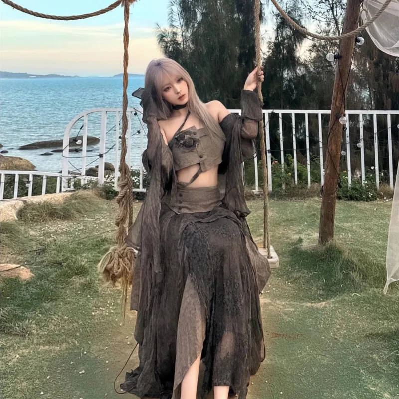 Dark Style Lightweight and Slightly Transparent Coat Flower Tube Top Irregular Mesh Skirt Suit Women