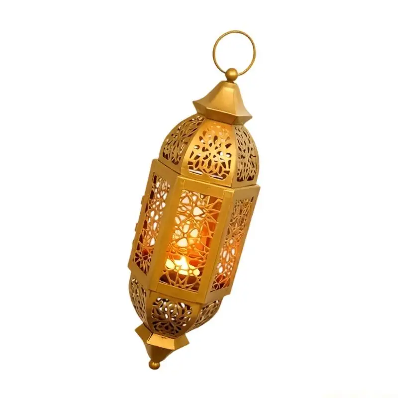 QX2E Romantics Moroccans Wrought Iron Holders Lantern with Cutout Design for Hanging Eid Ramadans Decorations Gift
