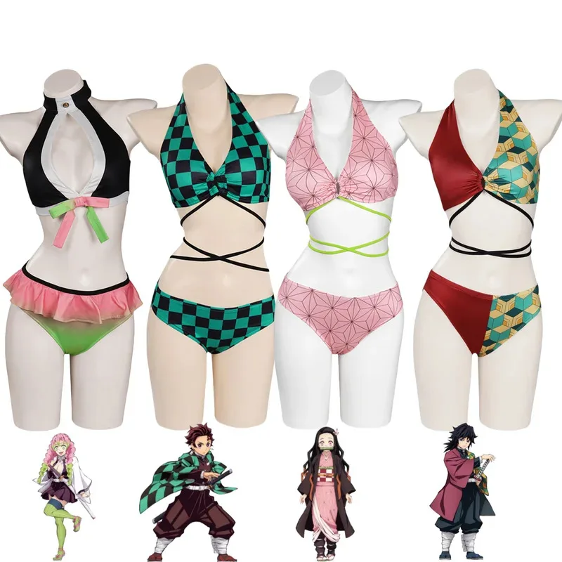 Anime Tanjirou Kamado Nezuko Tomioka Giyuu Kanroji Mitsuri Cosplay Costume Summer Day Swimsuit Woman Sexy Bikini Suit olp